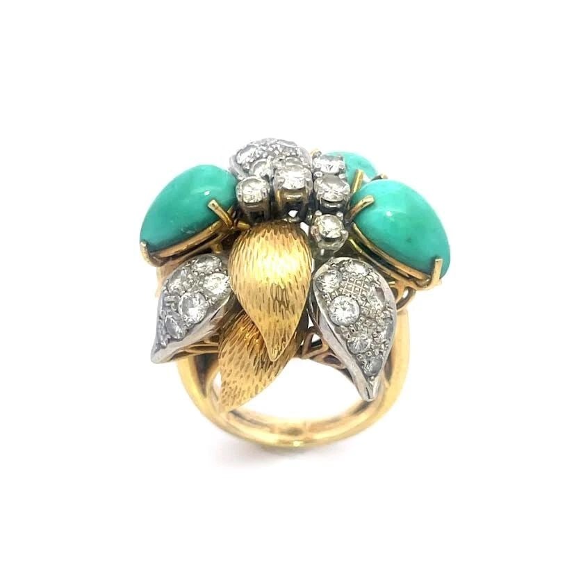 DIAMOND TURQUOISE HAREM RING 18K GOLD FLORAL STYLE SPLIT SHANK (1 of 2)