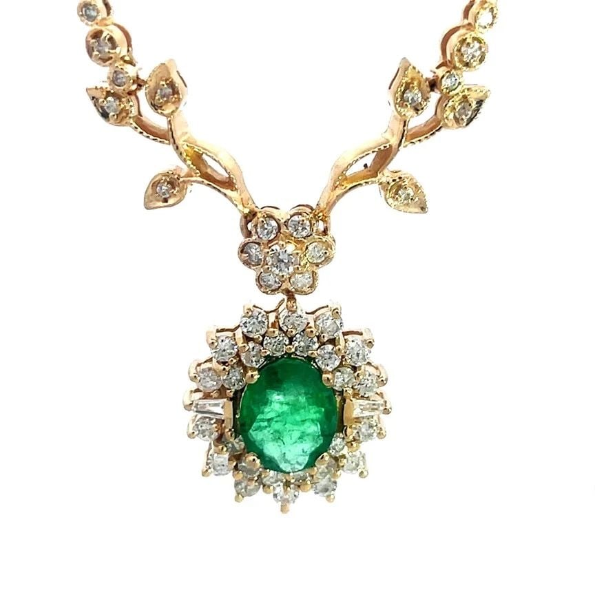 EMERALD DIAMOND GOLD PENDANT HALO STYLE 14K YELLOW FLORAL LINK NECKLACE (1 of 2)