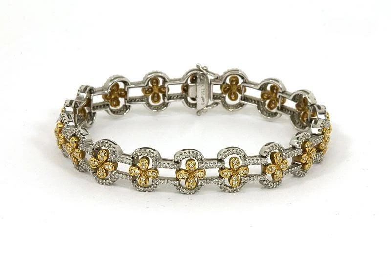 DIAMOND GOLD BRACELET 18K TWO TONE FLORAL LINK STYLE (1 of 2)