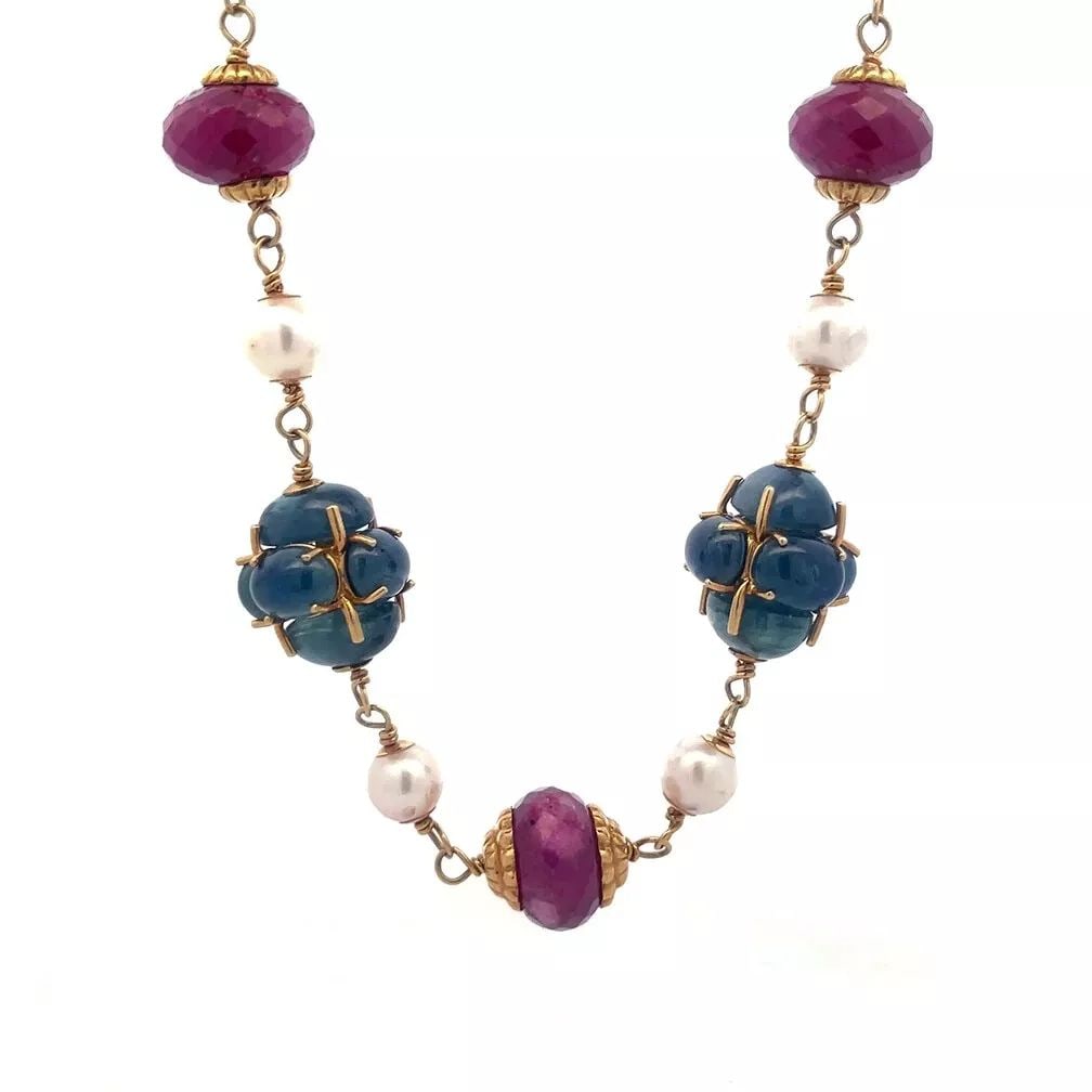 MULTICOLOR GEMS 18K GOLD NECKLACE YELLOW PEARLS BEAD MOTIFS FILIGREE BALL (1 of 2)