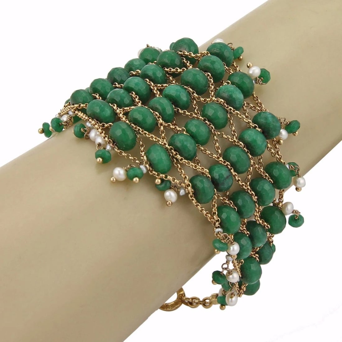 VINTAGE 18K YELLOW GOLD EMERALD & PEARL FANCY BEADED BRACELET (1 of 2)