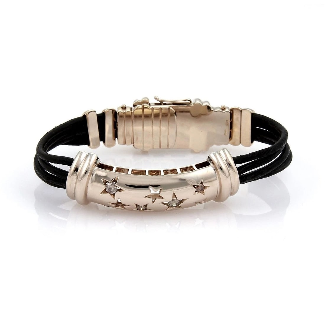 DIAMOND PREZIOSISSIMO GOLD BRACELET 18K ROSE STAR STENCIL BAR W/CORD: DIAMOND PREZIOSISSIMO GOLD BRACELET 18K ROSE STAR STENCIL BAR W/CORD This is a lovely Preziosissimo bracelet in 18k light rose gold. It has a long-curved bar with stencil cut out stars, some with roun