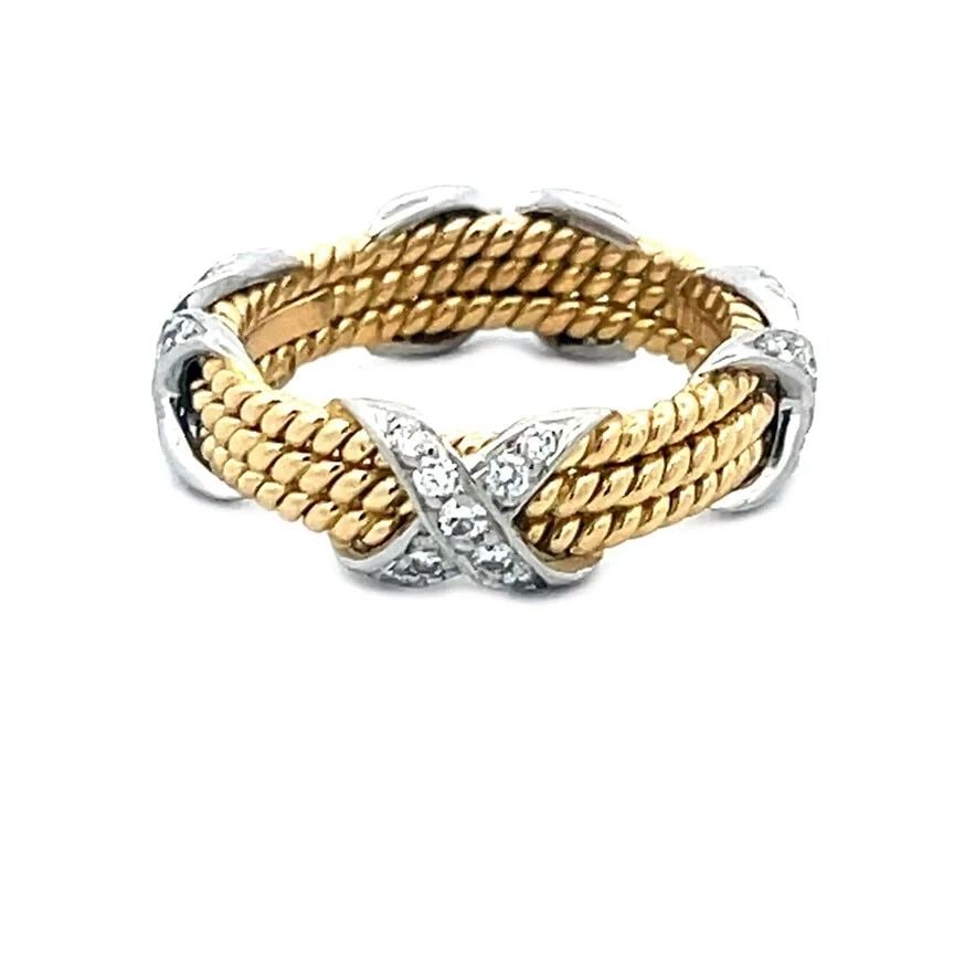 TIFFANY & CO. SCHLUMBERGER DIAMOND GOLD X BAND 18K YELLOW PLATINUM 3 ROW $8400: TIFFANY & CO. SCHLUMBERGER DIAMOND GOLD X BAND 18K YELLOW PLATINUM 3 ROW $8400 TIFFANY & CO. SCHLUMBERGER DIAMOND GOLD X BAND 18K YELLOW PLATINUM 3 ROW $8400 This Tiffany & Co. ring is by Schlumberger
