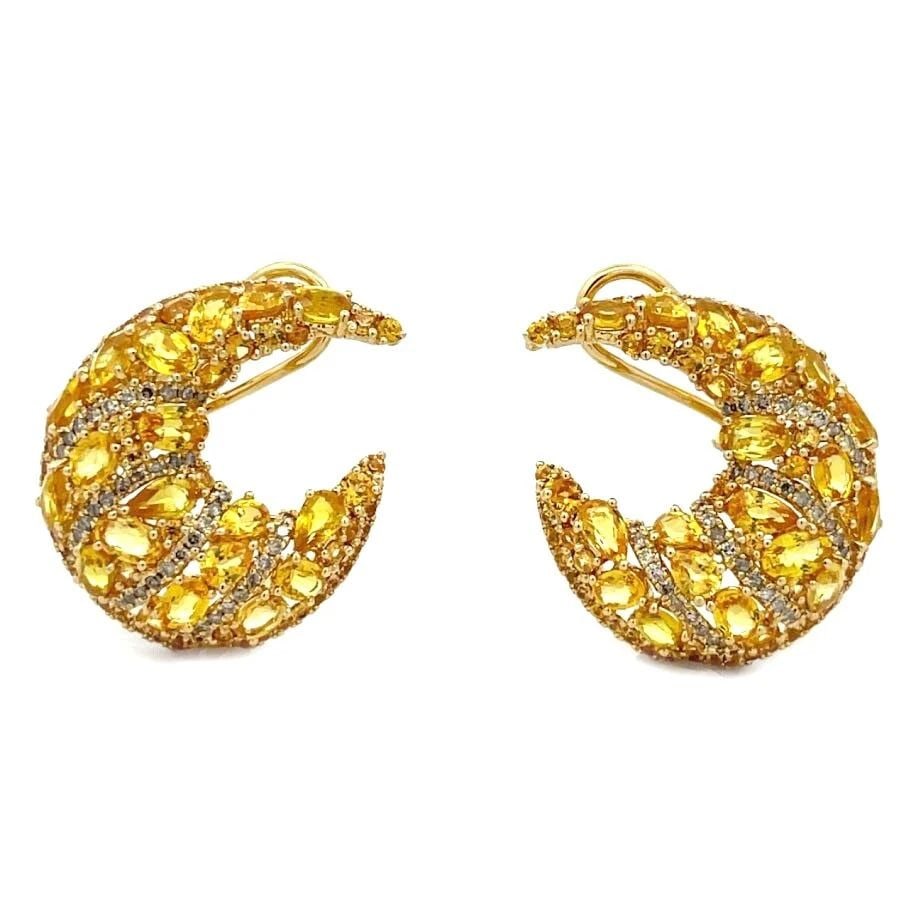 YELLOW SAPPHIRE DIMOND EARRINGS 10.65CT 18K YELLOW GOLD CRESCENT MOON HUGGIES (1 of 2)