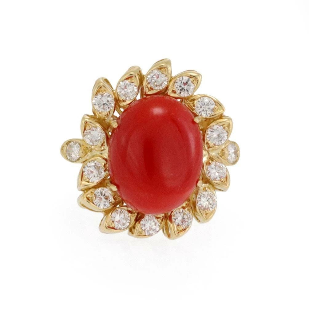 ESTATE 2CT DIAMOND RED CORAL 18K YELLOW GOLD FLORAL HALO RING SIZE 5.5 (1 of 2)