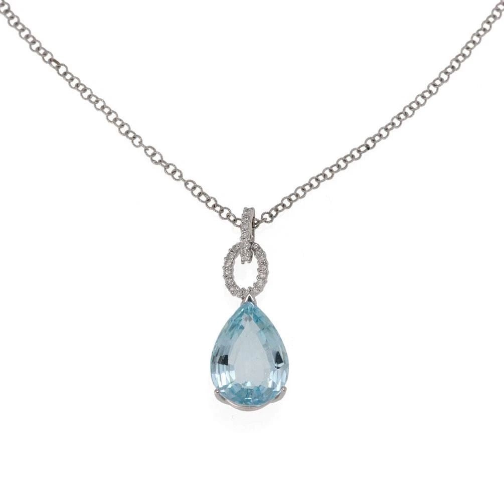 AQUAMARINE DIAMOND GOLD NECKLACE 18K 14K WHITE PENDANT & CHAIN: AQUAMARINE DIAMOND GOLD NECKLACE 18K 14K WHITE PENDANT & CHAIN This is a stunning pendant and chain necklace, it is crafted from 18k and 14k white gold featuring a double pear-shaped frame holding a l