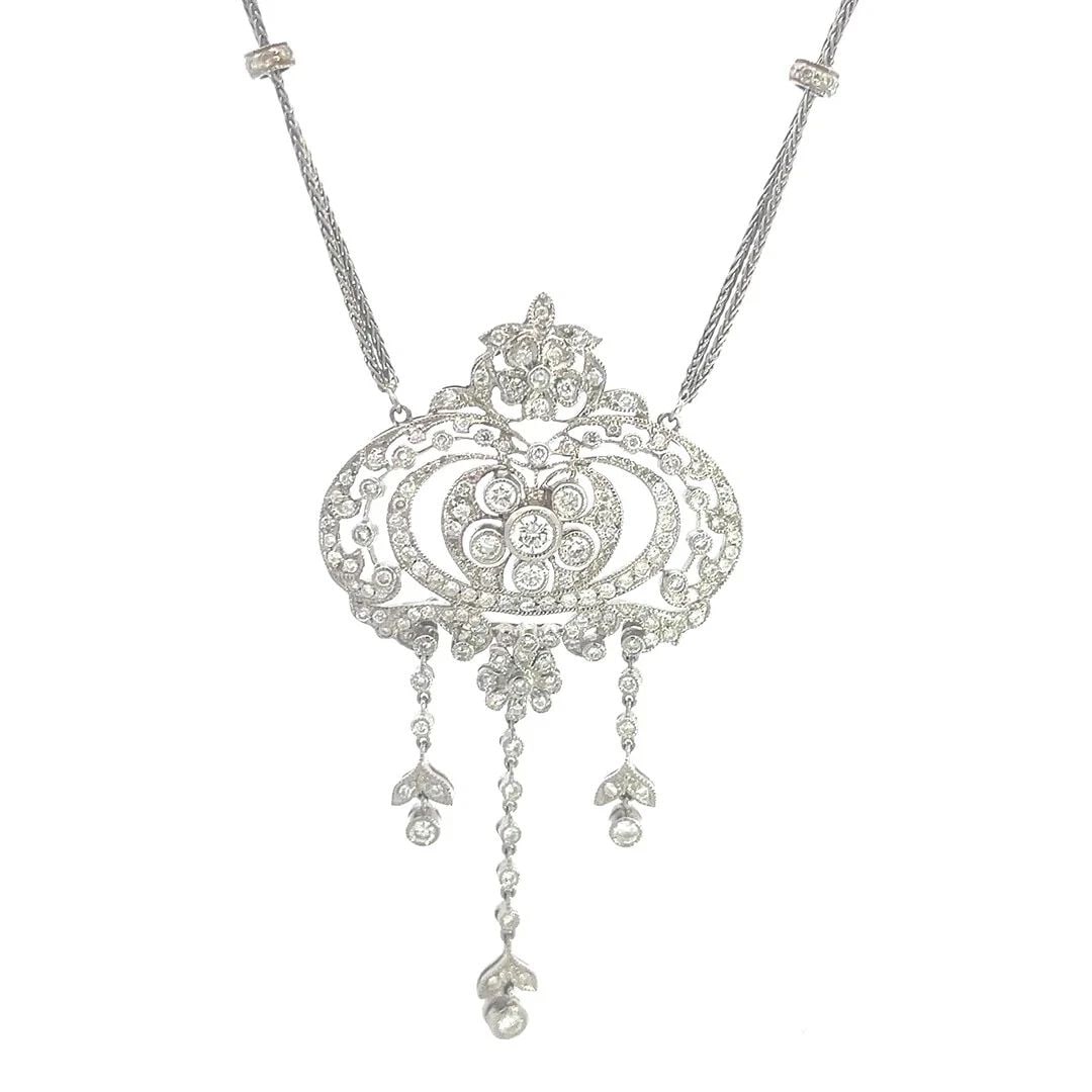 VICTORIAN STYLE DIAMOND GOLD PENDANT 18K WHITE DOUBLE CHAIN NECKLACE: VICTORIAN STYLE DIAMOND GOLD PENDANT 18K WHITE DOUBLE CHAIN NECKLACE VICTORIAN STYLE DIAMOND GOLD PENDANT 18K WHITE DOUBLE CHAIN NECKLACE This is a gorgeous Victorian style pendant and chain necklace;