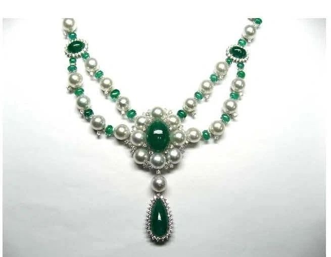 18KT LRG SOUTH SEA PEARL DIAMOND EMERALD CABOCHON NECKLACE (1 of 1)