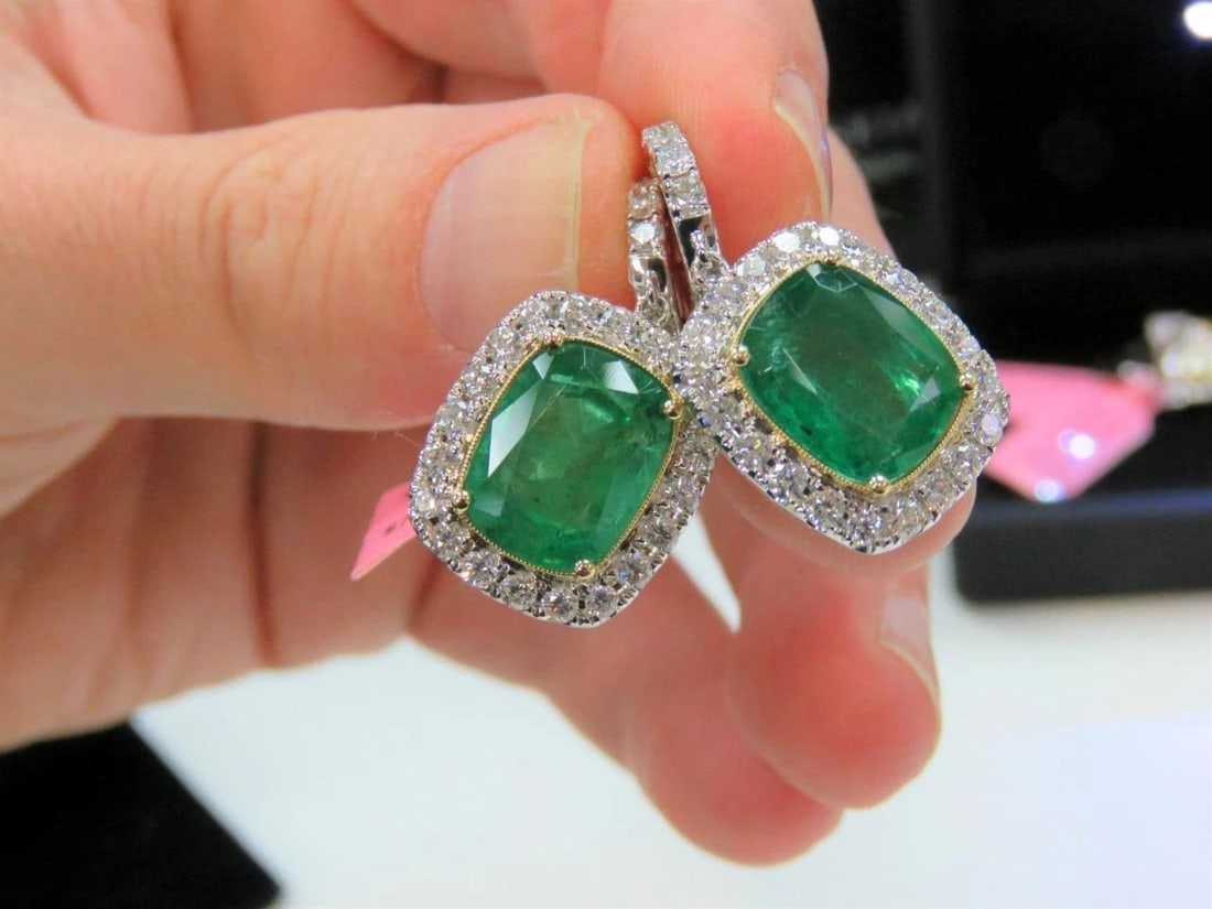 GLITTERING FANCY 12CT EMERALD DIAMOND DANGLE EARRINGS (1 of 2)