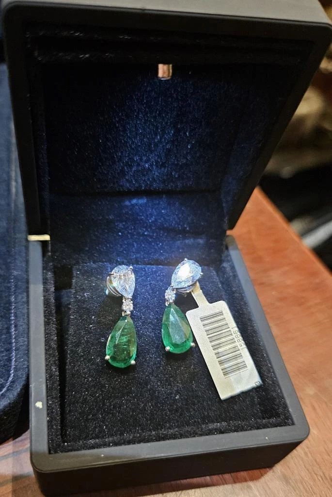 18KT GOLD LARGE FANCY EMERALD DIAMOND DANGLE EARRINGS (1 of 2)