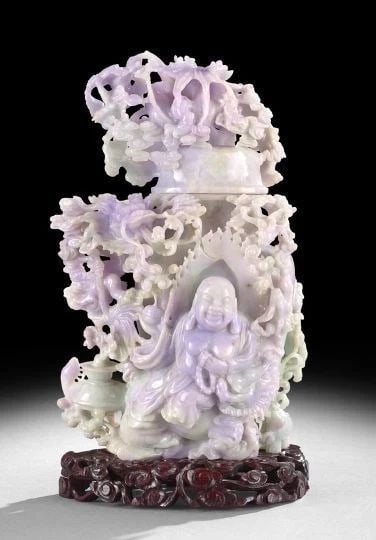 MUSEUM QTY GREEN & LAVENDER JADEITE JADE W/ BUDDHA FIGURE (1 of 2)