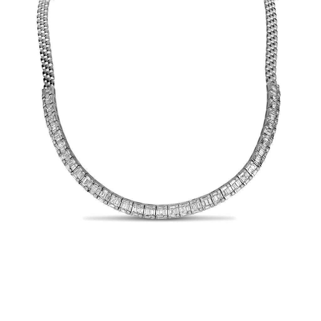 18KT LRG DIAMOND CLUSTER NECKLACE: 18KT LRG DIAMOND CLUSTER NECKLACE The Following Items we are offering is a Rare Radiant 18KT GOLD LARGE IMPORTANT BAGUETTE EMERALD SHAPED DIAMOND NECKLACE. Necklace is comprised of Gorgeous Rare Finel