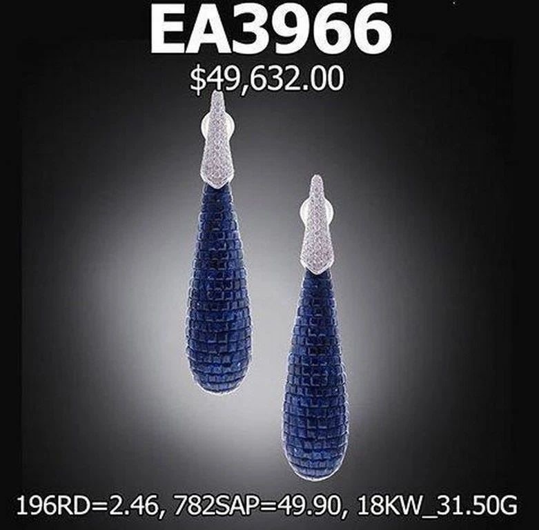 GLITTERING 52CT SAPPHIRE DIAMOND DANGLE DROP EARRINGS: GLITTERING 52CT SAPPHIRE DIAMOND DANGLE DROP EARRINGS GLITTERING 52CT SAPPHIRE DIAMOND DANGLE DROP EARRINGS The Following Item we are offering is this Beautiful Rare Important 18KT White Gold Fancy Bl
