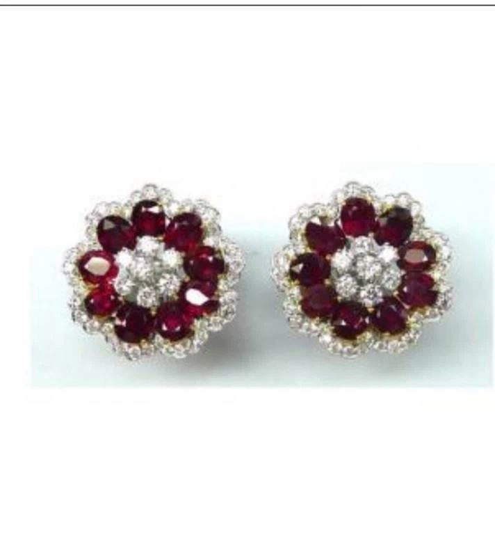 18KT GOLD LARGE 14CT FLOWER SHAPED DIAMOND RUBY EARRINGS (1 of 2)