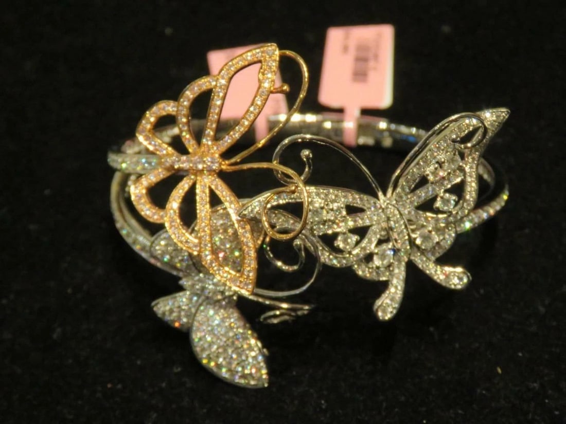 18KT FANCY PINK DIAMOND TRIPLE BUTTERFLY CUFF BANGLE (1 of 2)