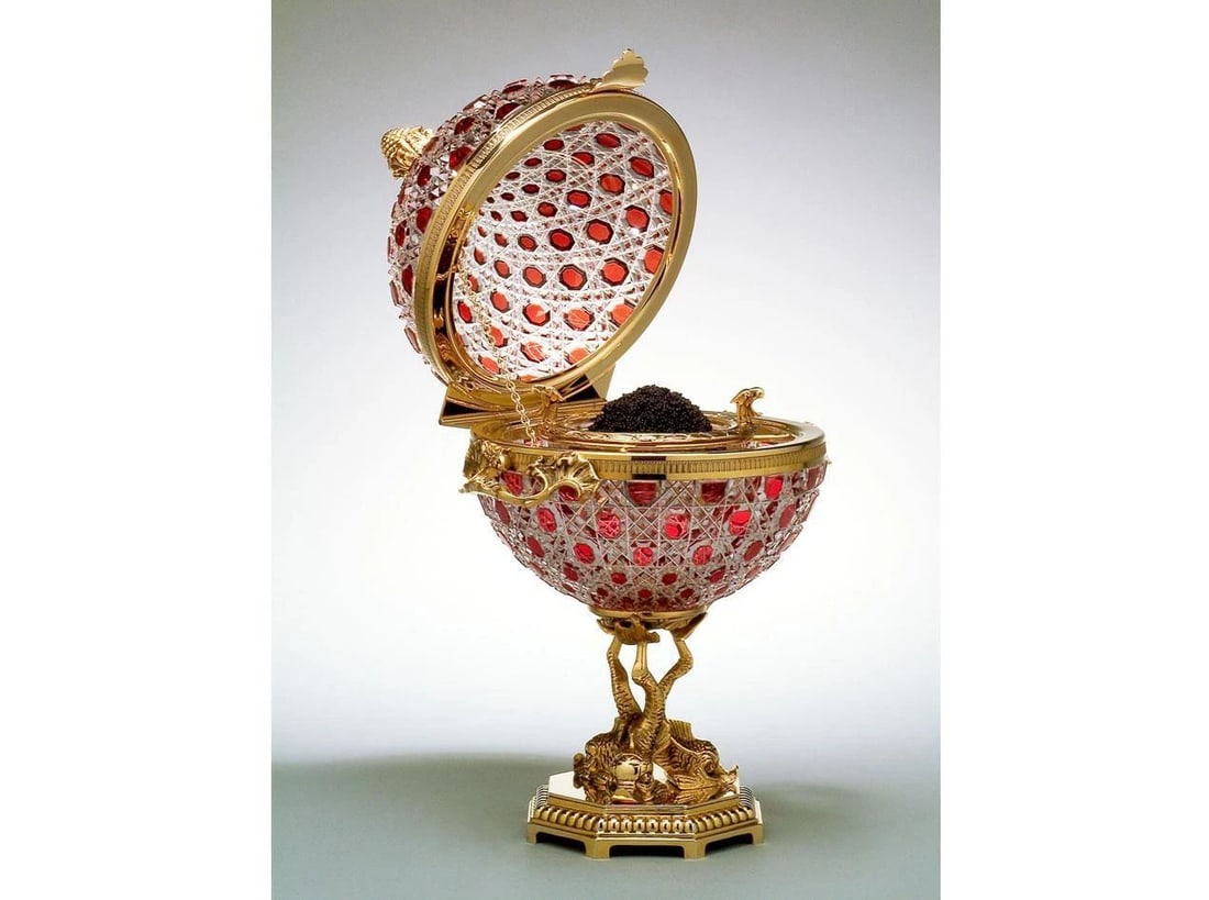 FRENCH GOLD CRYSTAL CAVIAR HOLDER SERVICE FRENCH DIAMOND CRYSTAL EGG SERVER (1 of 2)