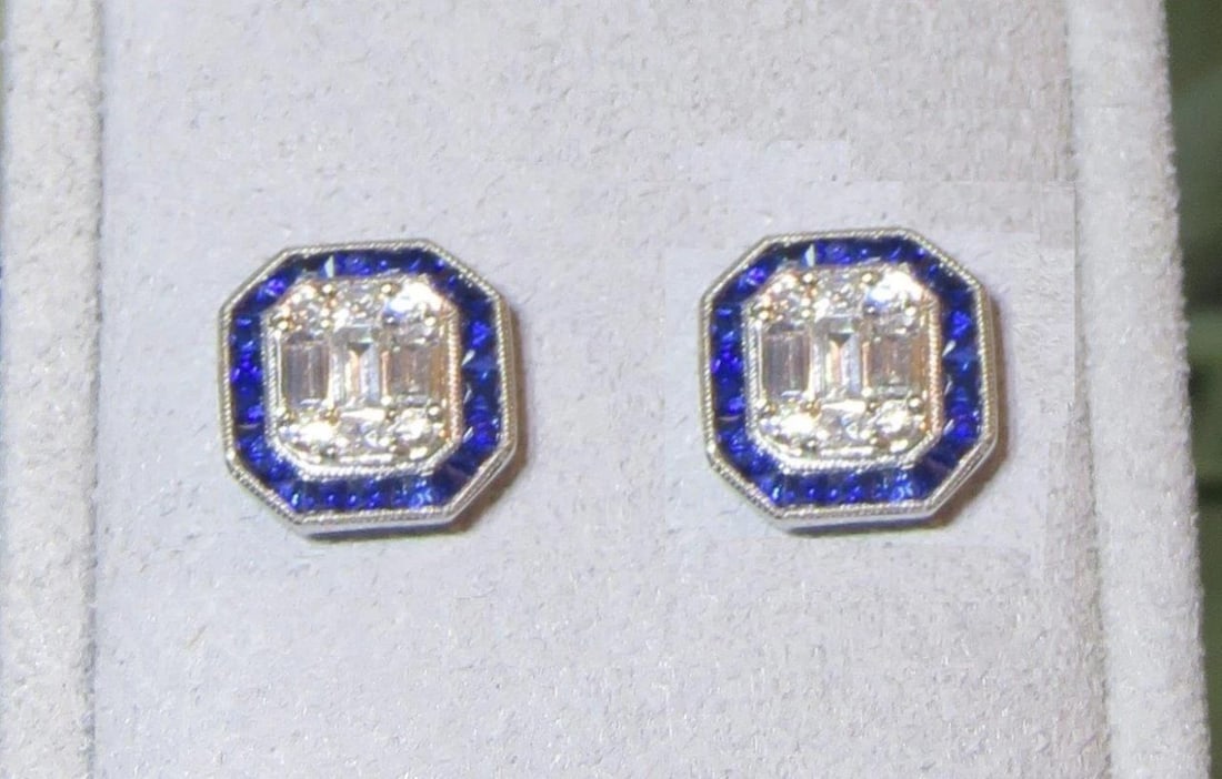 18KT VENETIAN DECO STYLE SAPPHIR DIAMOND EARRINGS (1 of 2)