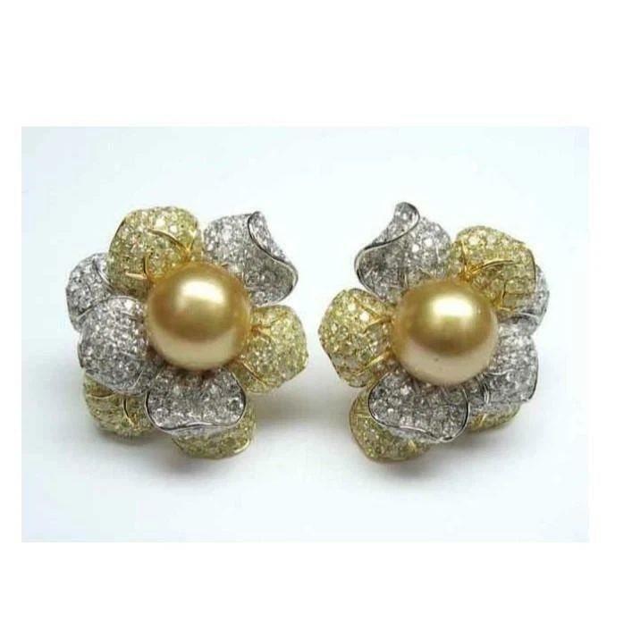 18KT FANCY SOUTH SEA GOLD PEARL FLOWER DIAMOND 13-14MM EARRINGS (1 of 2)