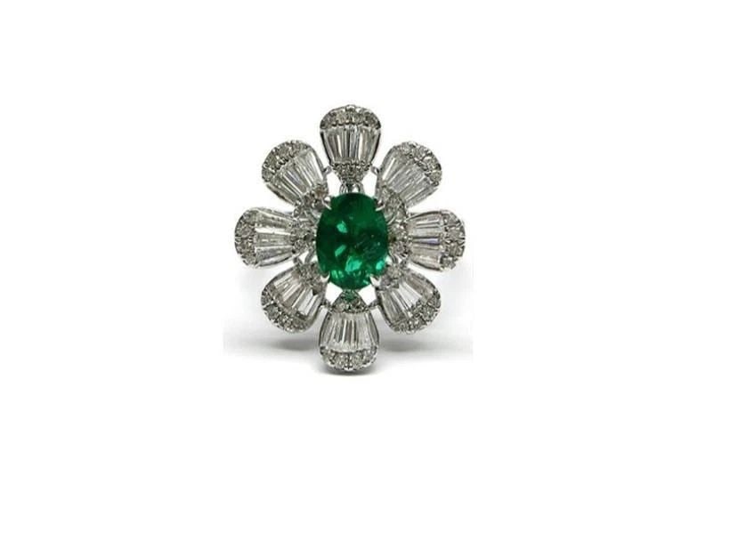 18KT GOLD LARGE EMERALD AND DIAMOND FLOWER FLORAL RING (1 of 2)