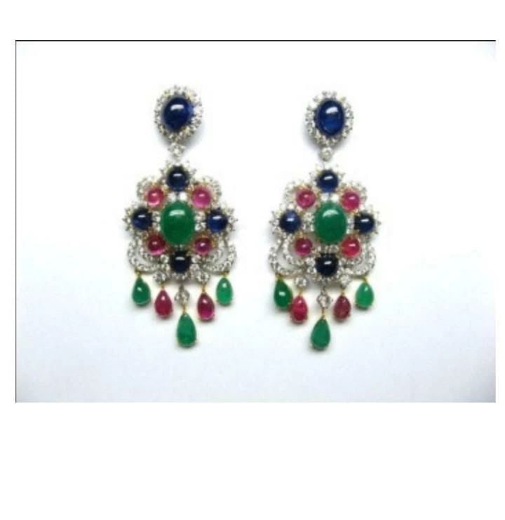18KT GLITTERING EMERALD RUBY SAPPHIRE DIAMOND EARRING (1 of 2)
