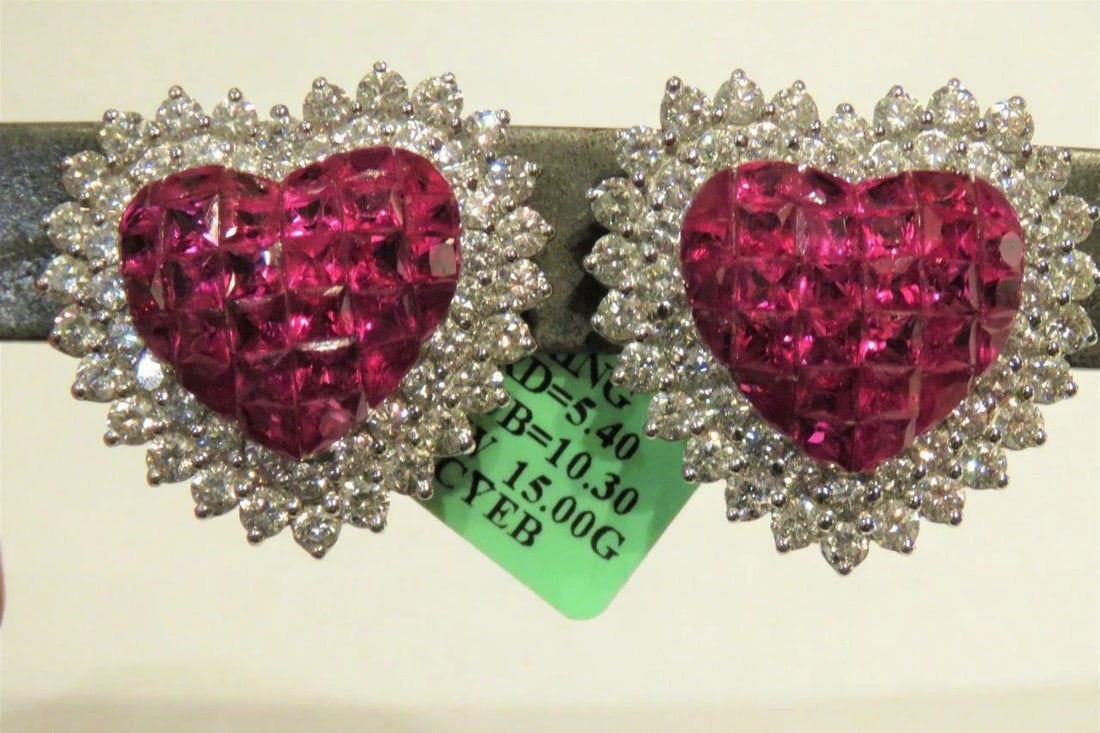 18KT 16CT RARE FANCY RUBY DIAMOND HEART EARRINGS (1 of 2)
