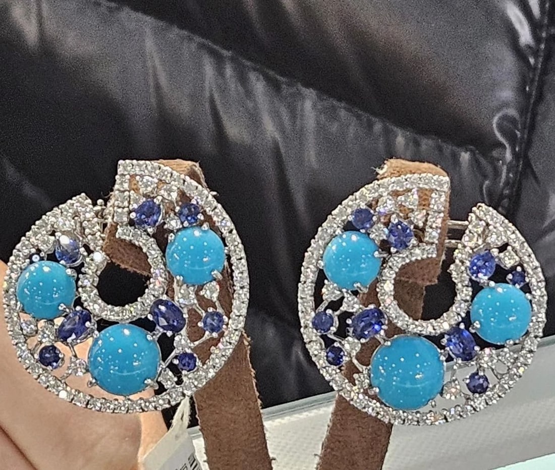 18KT GOLD GORGEOUS FANCY TURQUOISE SAPPHIRE DIAMOND EARRINGS: 18KT GOLD GORGEOUS FANCY TURQUOISE SAPPHIRE DIAMOND EARRINGS The Following Items we are offering is a Pair of Rare 18KT Gold Large Cabochon Turquoise Diamond Blue Sapphire Earrings. Earrings are compr