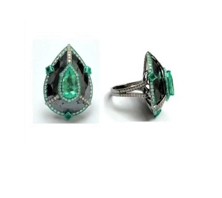 18KT GLITTERING 46CT BLACK DIAMOND EMERALD RING (1 of 2)