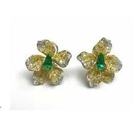 18KT GLITTERING YELLOW DIAMOND EMERALD EARRINGS (1 of 2)