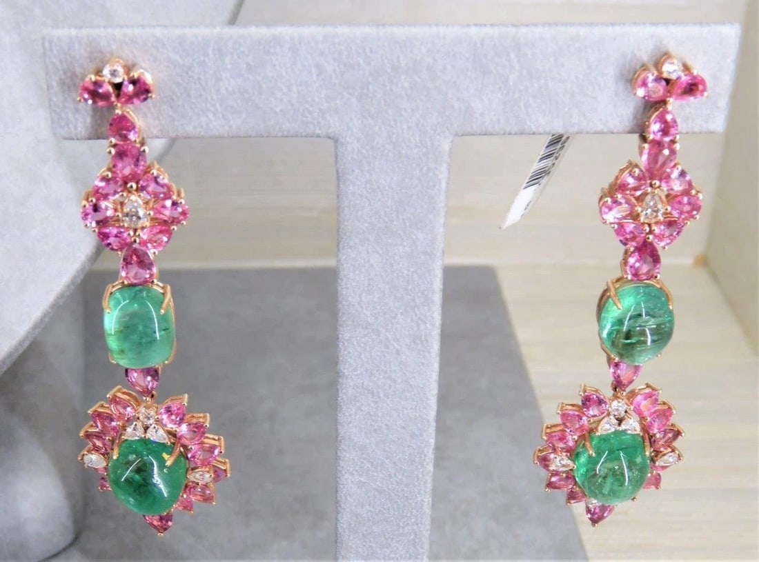 18KT PINK SAPPHIRE EMERALD DANGLE EARRINGS (1 of 1)