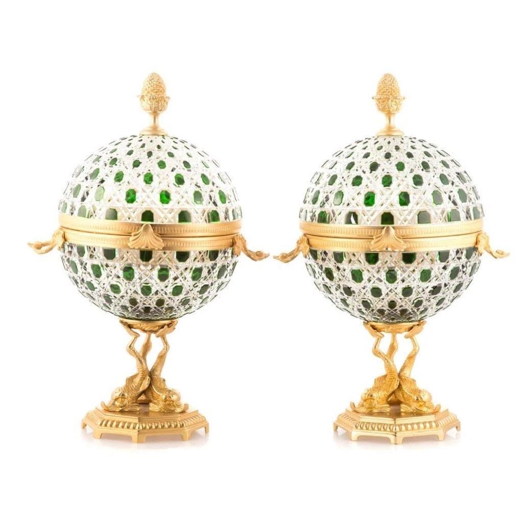 GOLD PAIR OF FRENCH GREEN DIAMOND CUT BENITO CRYSTAL EGG LIQUOR SERVERS (1 of 2)