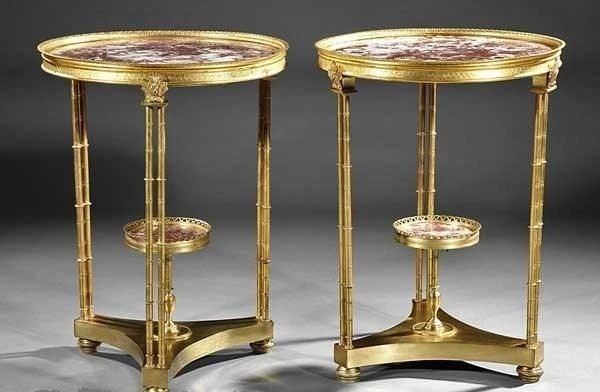 IMPORTANT PAIR OF ORMOLU & RED MARBLE GUERIDON TABLES AFTER ADAM WEISWEILER (1 of 2)