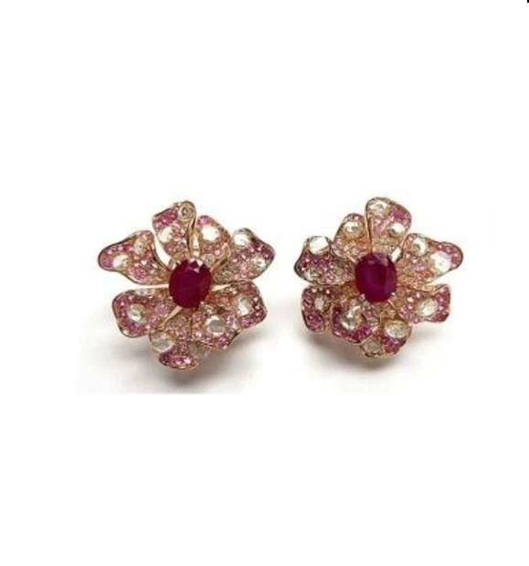 18KT LRG 12CT FLOWER DIAMOND RUBY PINK SAPPHIRE EARRINGS (1 of 2)