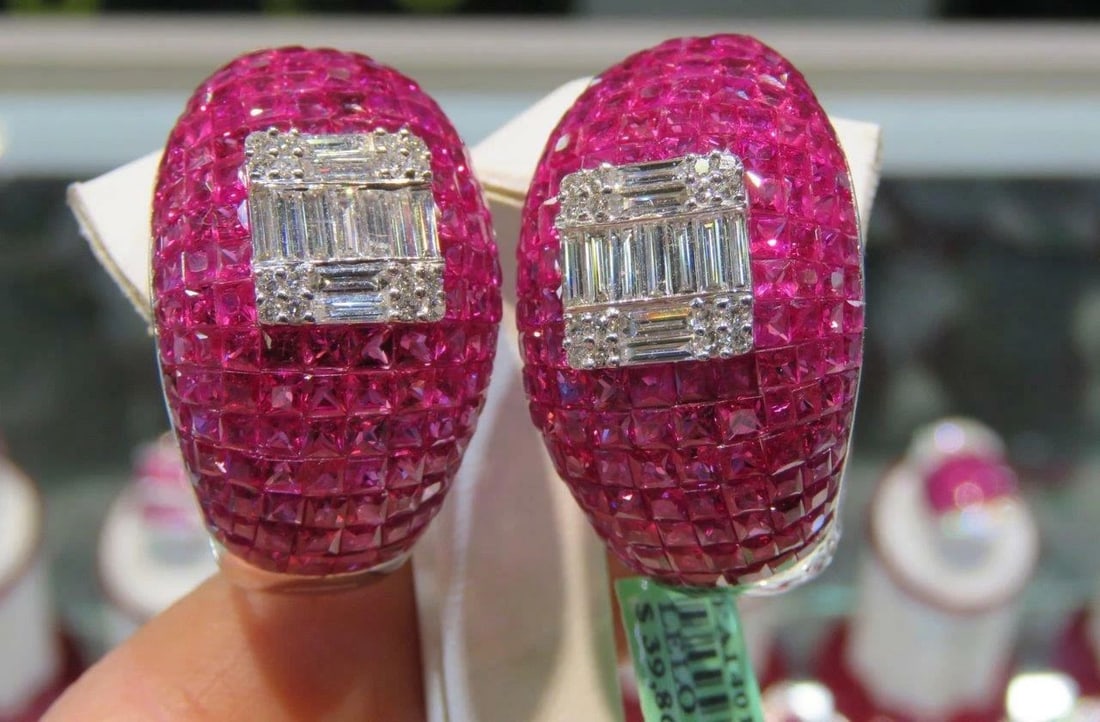 18KT 16CT GORGEOUS FANCY CUT RUBY DIAMOND BOMBE EARRINGS: 18KT 16CT GORGEOUS FANCY CUT RUBY DIAMOND BOMBE EARRINGS The Following Items we are offering is a Important Rare 18KT Gold Gorgeous LARGE Bombe Fancy Ruby and Diamond Ring. Stones are Glittering and E