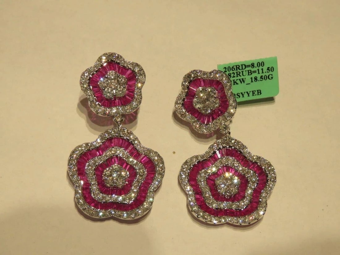 18KT 20CT FANCY RUBY DIAMOND DANGLE FLORAL EARRINGS (1 of 2)