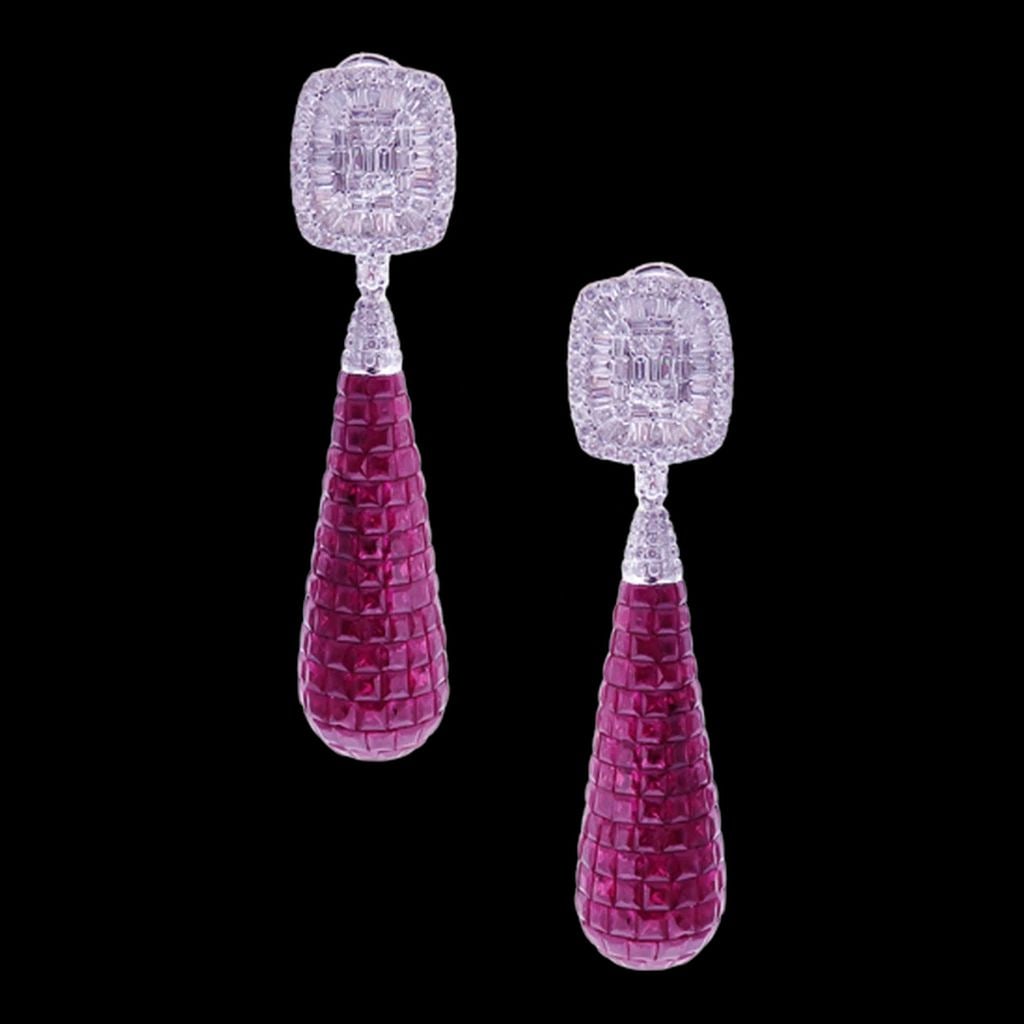 18KT GOLD LRG RUBY & DIAMOND DANGLE EARRINGS (1 of 2)