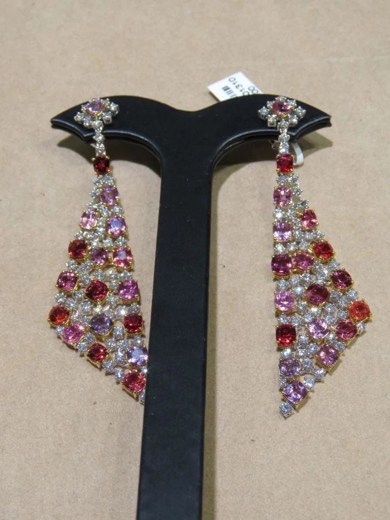 18KT GOLD FANCY MULTI COLOR RAINBOW SPINEL EARRINGS: 18KT GOLD FANCY MULTI COLOR RAINBOW SPINEL EARRINGS The Following Items we are offering is this Rare Important Radiant 18KT Gold Gorgeous Glittering and Sparkling Magnificent Fancy Rainbow Multi Color