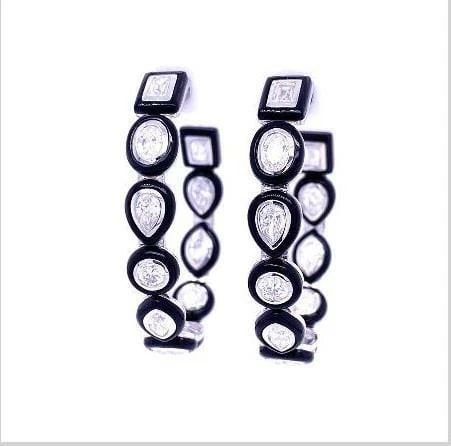 18KT FANCY SHAPE DIAMOND BLACK AGATE HOOP EARRINGS: 18KT FANCY SHAPE DIAMOND BLACK AGATE HOOP EARRINGS The Following Items we are offering is a Rare Important Radiant Pair of 18KT Gold Gorgeous Elegant Dangle Black Agate and Fancy Cut Diamond Hoop Earr