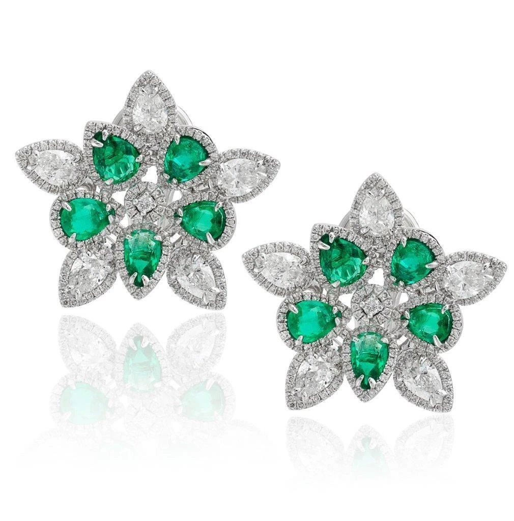18KT 6CT EMERALD DIAMOND STAR FLOWER EARRINGS (1 of 2)