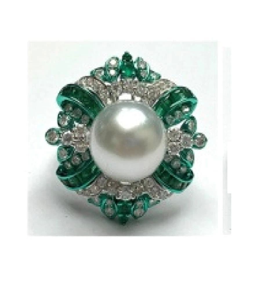 18KT GOLD RARE LARGE 13-14MM SOUTH SEA PEARL EMERALD DIAMOND RING (1 of 2)