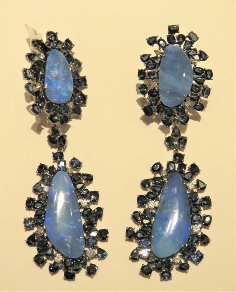 18KT GOLD RARE GORGEOUS BLACK OPAL SAPPHIRE DANGLE EARRINGS (1 of 2)