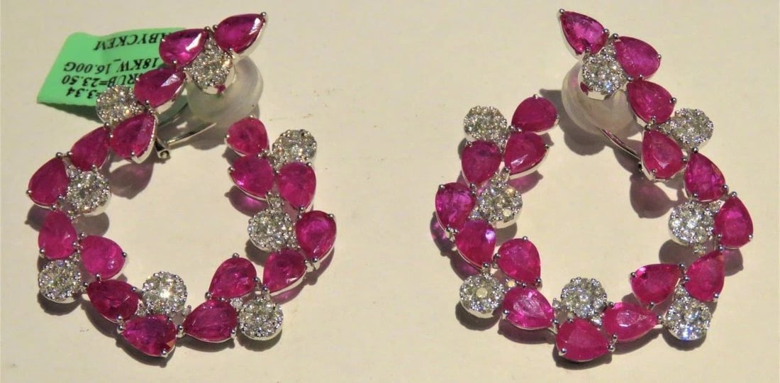 18KT LARGE RUBY & DIAMOND GOLD FLORAL EARRINGS (1 of 2)