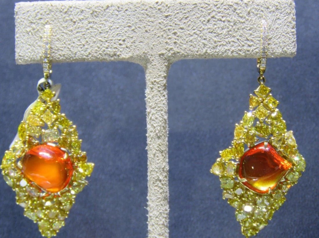 18KT RARE GORGEOUS FANCY YELLOW DIAMOND FIRE OPAL EARRINGS (1 of 2)