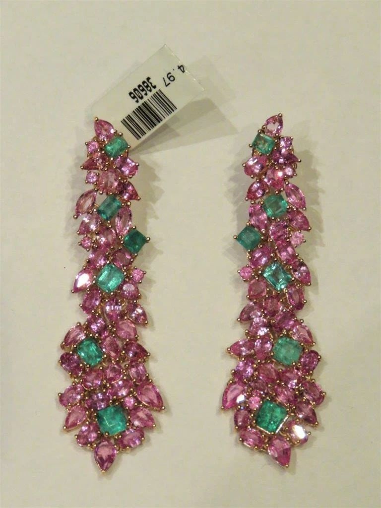 18KT PINK SAPPHIRE EMERALD DANGLE EARRINGS (1 of 2)