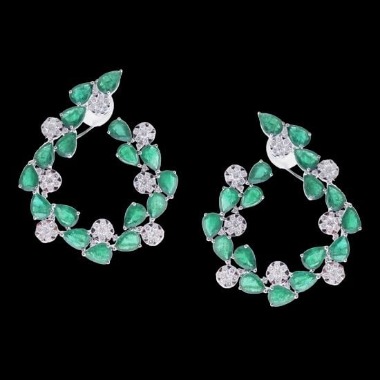 18KT GOLD LRG EMERALD DIAMOND FLORAL EARRINGS (1 of 2)