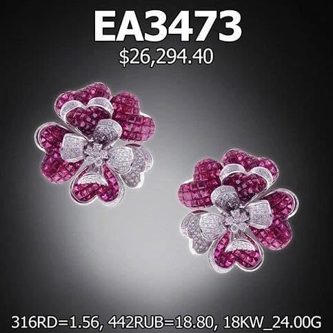 18KT GOLD ALHAMBRA STYLE 20CT RUBY DIAMOND EARRINGS: 18KT GOLD ALHAMBRA STYLE 20CT RUBY DIAMOND EARRINGS 18KT GOLD ALHAMBRA STYLE 20CT RUBY DIAMOND EARRINGS The Following Items we are offering is an Important Pair of Rare Radiant 18KT White Gold Glitter