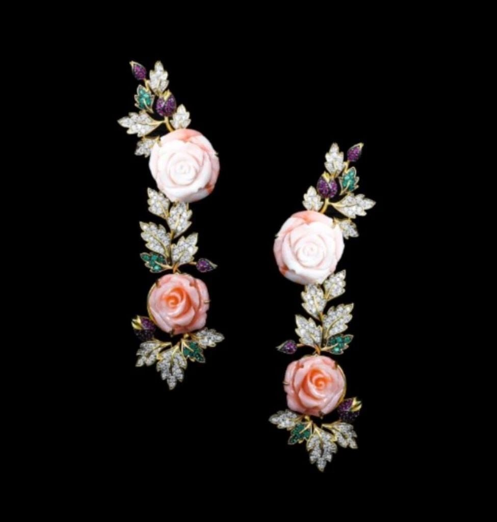GOLD FANCY CORAL EMERALD SAPPHIRES DIAMOND EARRINGS (1 of 2)