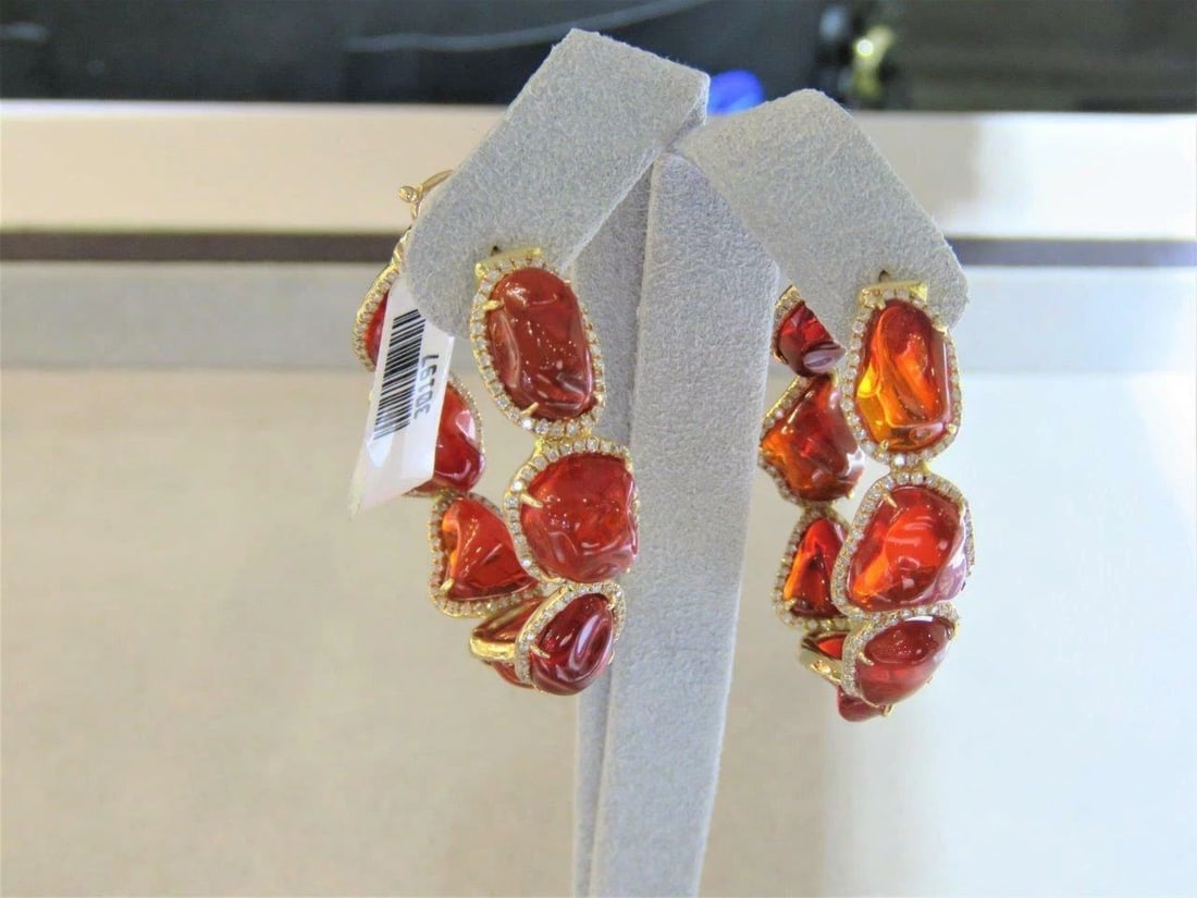 18KT GOLD LARGE FANCY FIERY OPAL DIAMOND HOOP EARRINGS: 18KT GOLD LARGE FANCY FIERY OPAL DIAMOND HOOP EARRINGS 18KT GOLD LARGE FANCY FIERY OPAL DIAMOND HOOP EARRINGS The Following Items we are offering is a Rare Important Radiant 18KT Gold Large Fancy Mexi