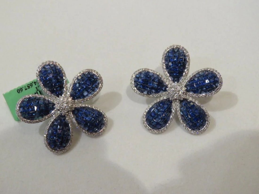 18KT LRGE SAPPHIRE DIAMOND GOLD FLORAL EARRINGS (1 of 2)