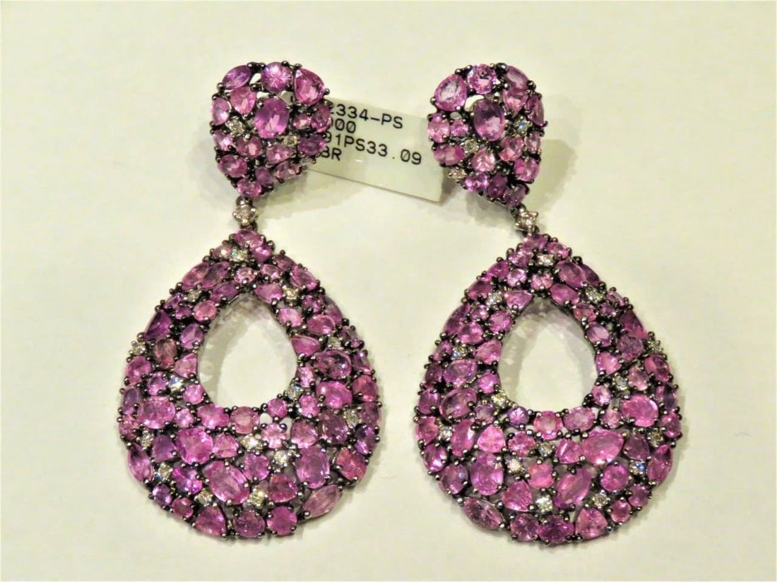 18KT PINK SAPPHIRE DIAMOND DANGLE EARRINGS (1 of 2)