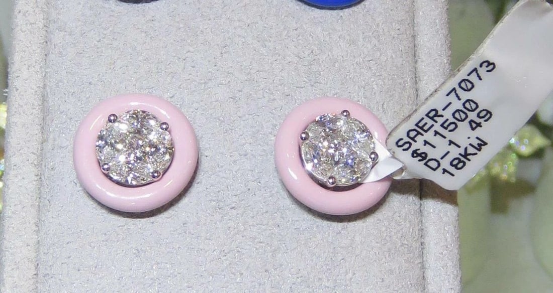 18KT GOLD PINK ENAMEL DIAMOND STUD EARRINGS: 18KT GOLD PINK ENAMEL DIAMOND STUD EARRINGS The Following Items we are offering is a Rare Important Radiant Pair of 18KT WHITE GOLD LARGE PINK ENAMEL AND DIAMOND STUD EARRINGS. Earrings are comprised